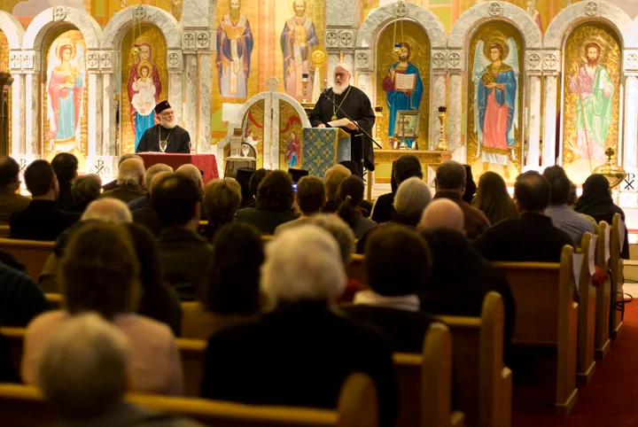 Metropolitan Kallistos Ware speaking from the lectern at St. George Antiochian Orthodox Church in Troy