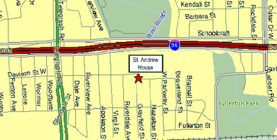 Map showing St. Andrew House at Davison Avenue near I-96, Telegraph Road and Outer Drive in Detroit